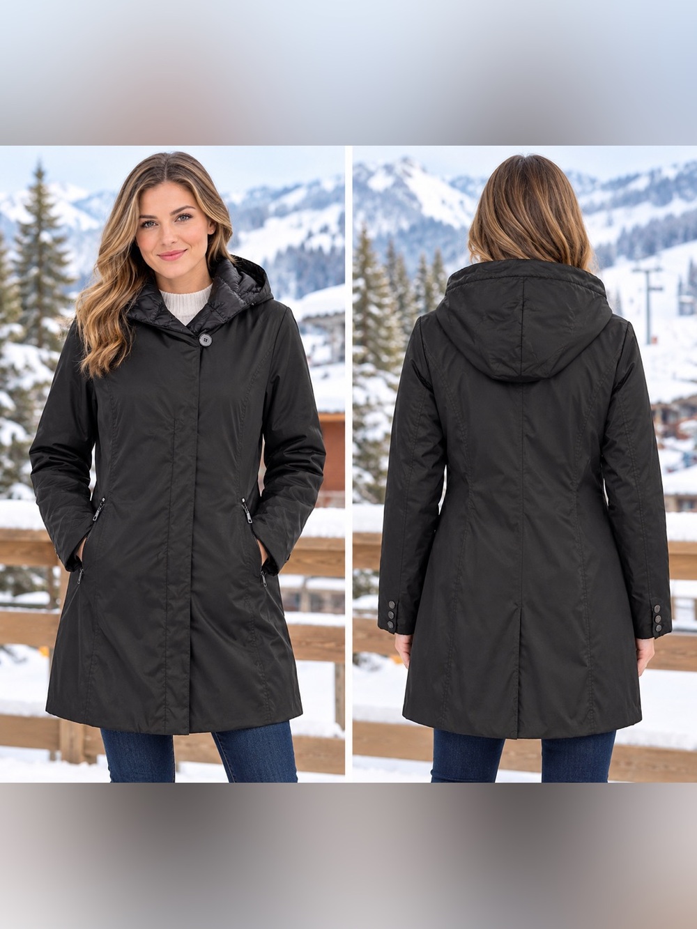 TAHARI Lightweight Black Hooded Winter Coat Mid-Length Trench Jacket Sz M Modern